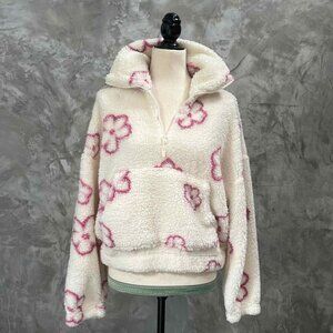 Hippie Rose Sherpa Fleece Floral Pullover 1/4 Zip Up Size Large Boho